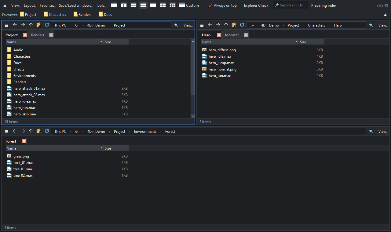 3 panes, dark theme
